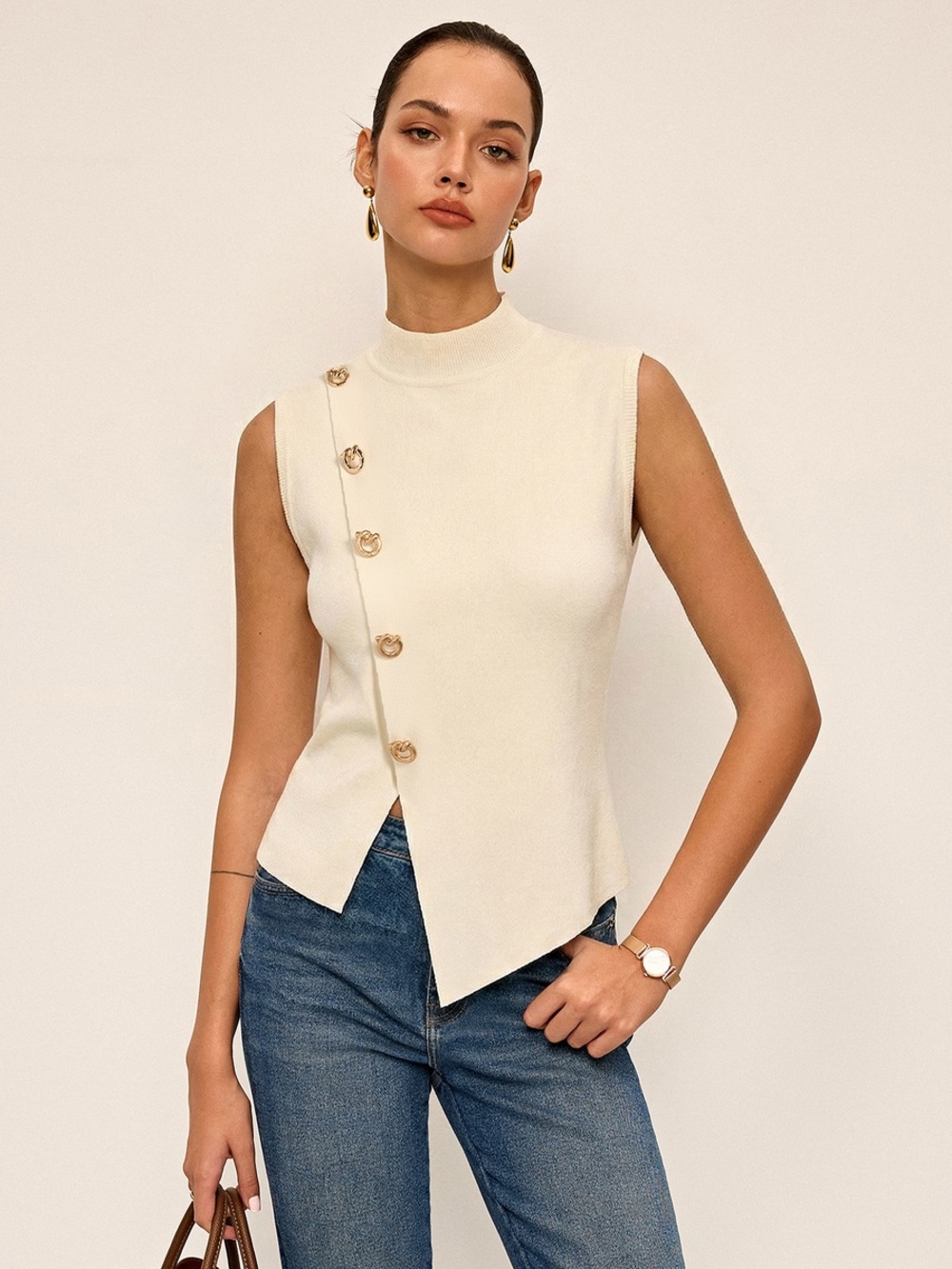 Commense Asymmetric Button Sleeveless Knit Top